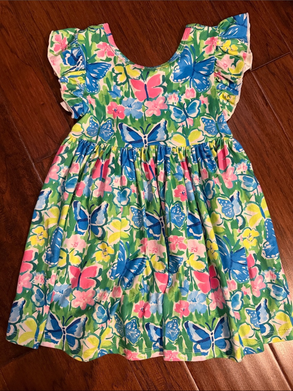 Green Butterfly-Print Cotton Dress with Ruffle Sleeves